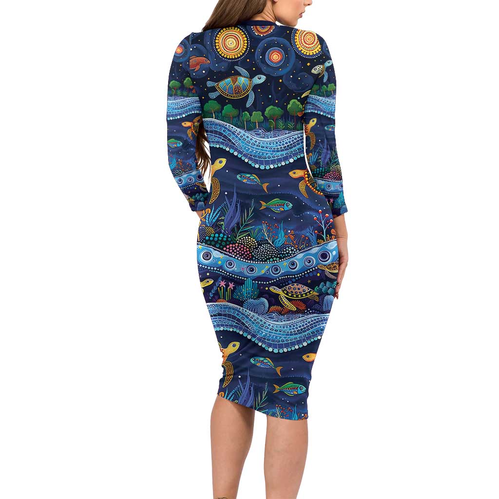 Australian Landscapes Long Sleeve Bodycon Dress Aboriginal Dreamtime Story