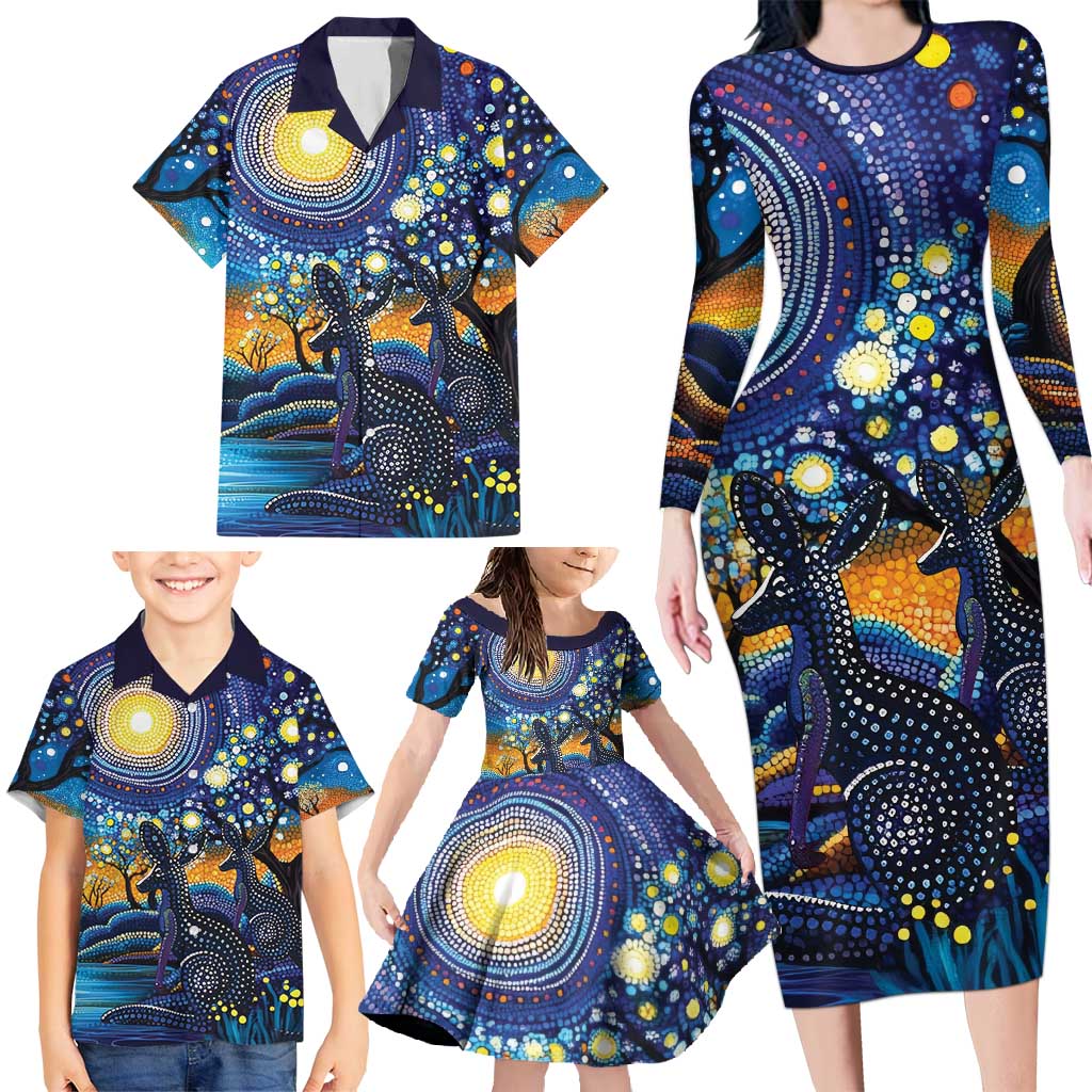 Australian Night Sky Landscape Family Matching Long Sleeve Bodycon Dress and Hawaiian Shirt Aboriginal Dreamtime Story