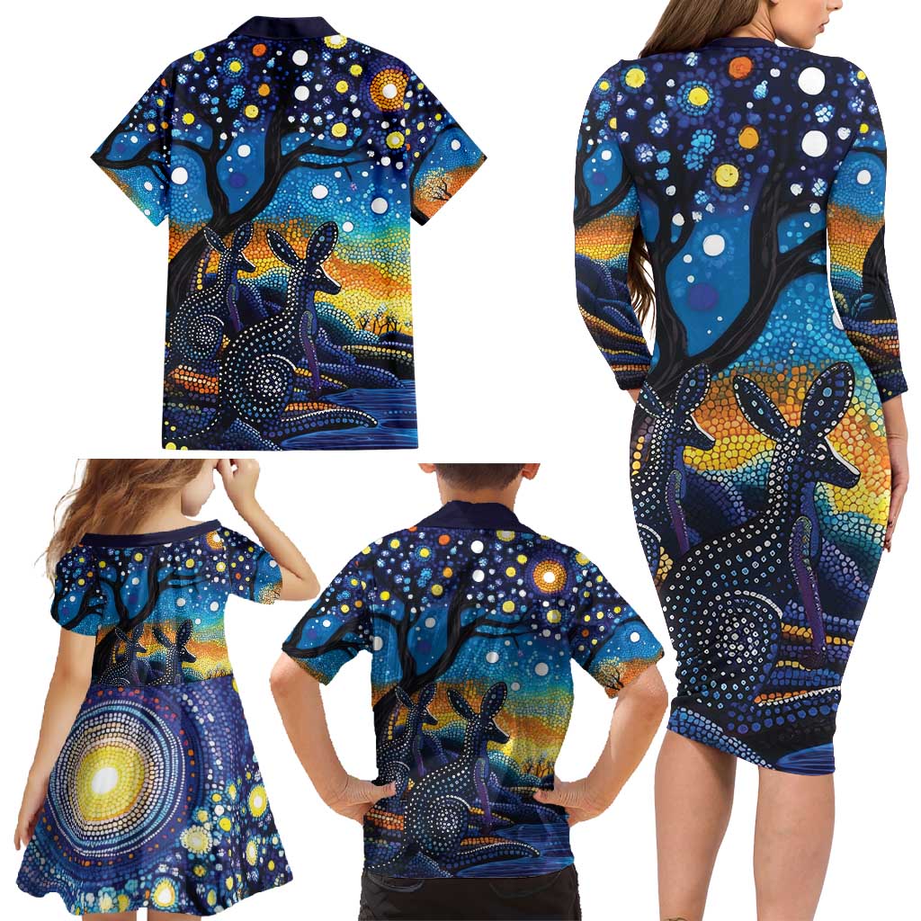 Australian Night Sky Landscape Family Matching Long Sleeve Bodycon Dress and Hawaiian Shirt Aboriginal Dreamtime Story