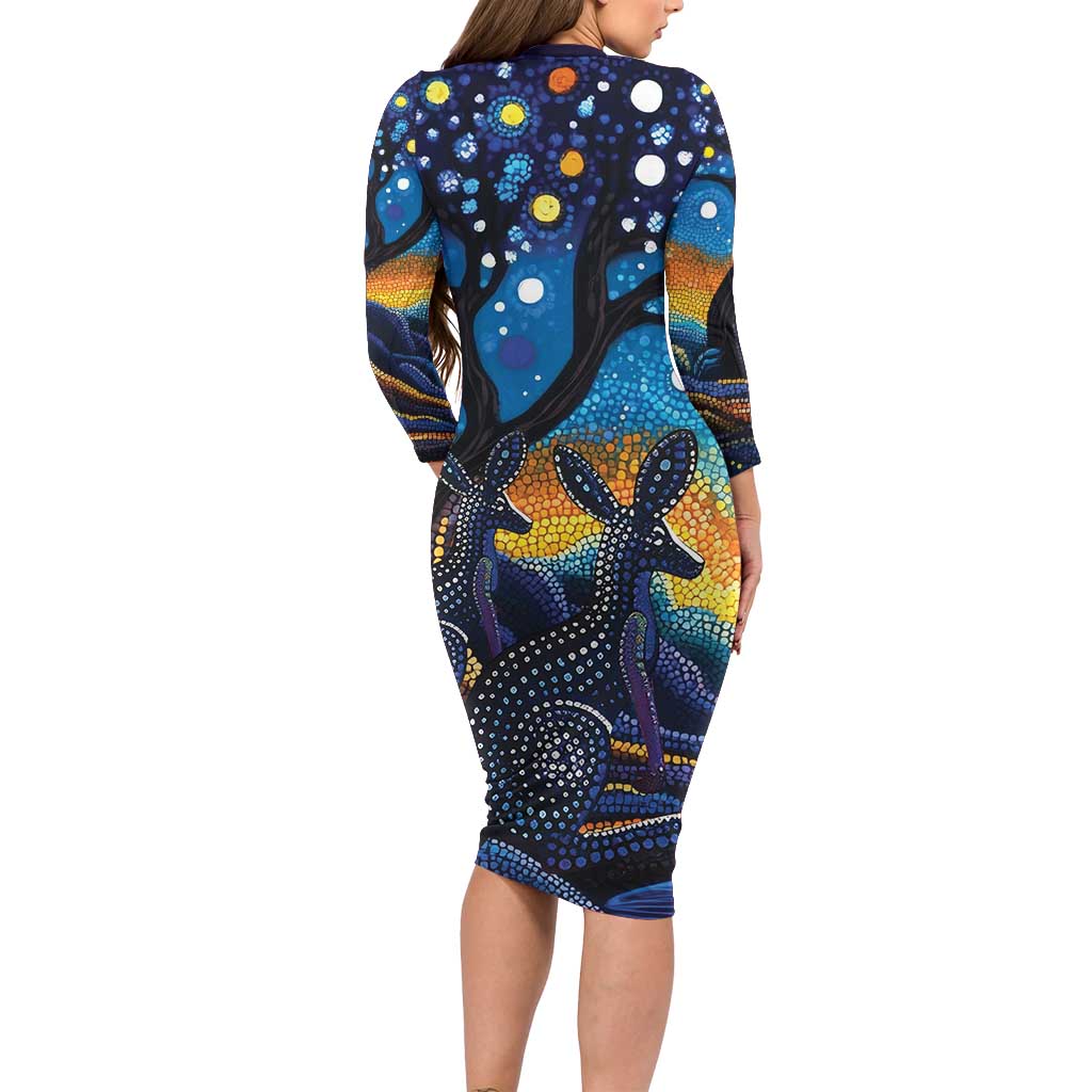 Australian Night Sky Landscape Family Matching Long Sleeve Bodycon Dress and Hawaiian Shirt Aboriginal Dreamtime Story