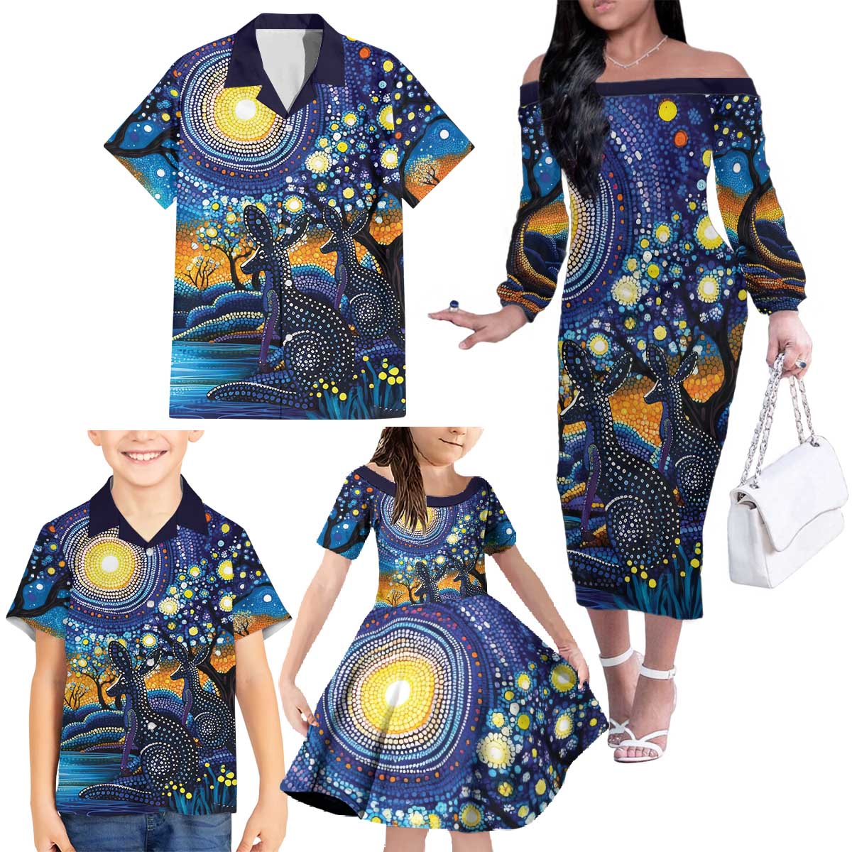 Australian Night Sky Landscape Family Matching Off The Shoulder Long Sleeve Dress and Hawaiian Shirt Aboriginal Dreamtime Story