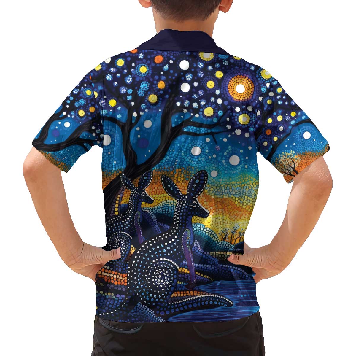 Australian Night Sky Landscape Family Matching Off The Shoulder Long Sleeve Dress and Hawaiian Shirt Aboriginal Dreamtime Story