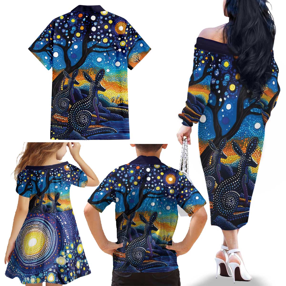 Australian Night Sky Landscape Family Matching Off The Shoulder Long Sleeve Dress and Hawaiian Shirt Aboriginal Dreamtime Story