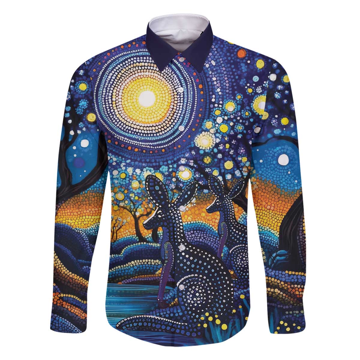 Australian Night Sky Landscape Family Matching Off The Shoulder Long Sleeve Dress and Hawaiian Shirt Aboriginal Dreamtime Story