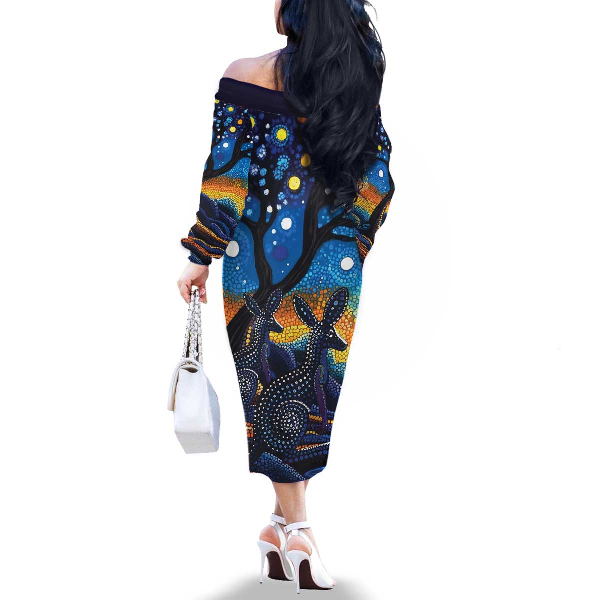 Australian Night Sky Landscape Family Matching Off The Shoulder Long Sleeve Dress and Hawaiian Shirt Aboriginal Dreamtime Story