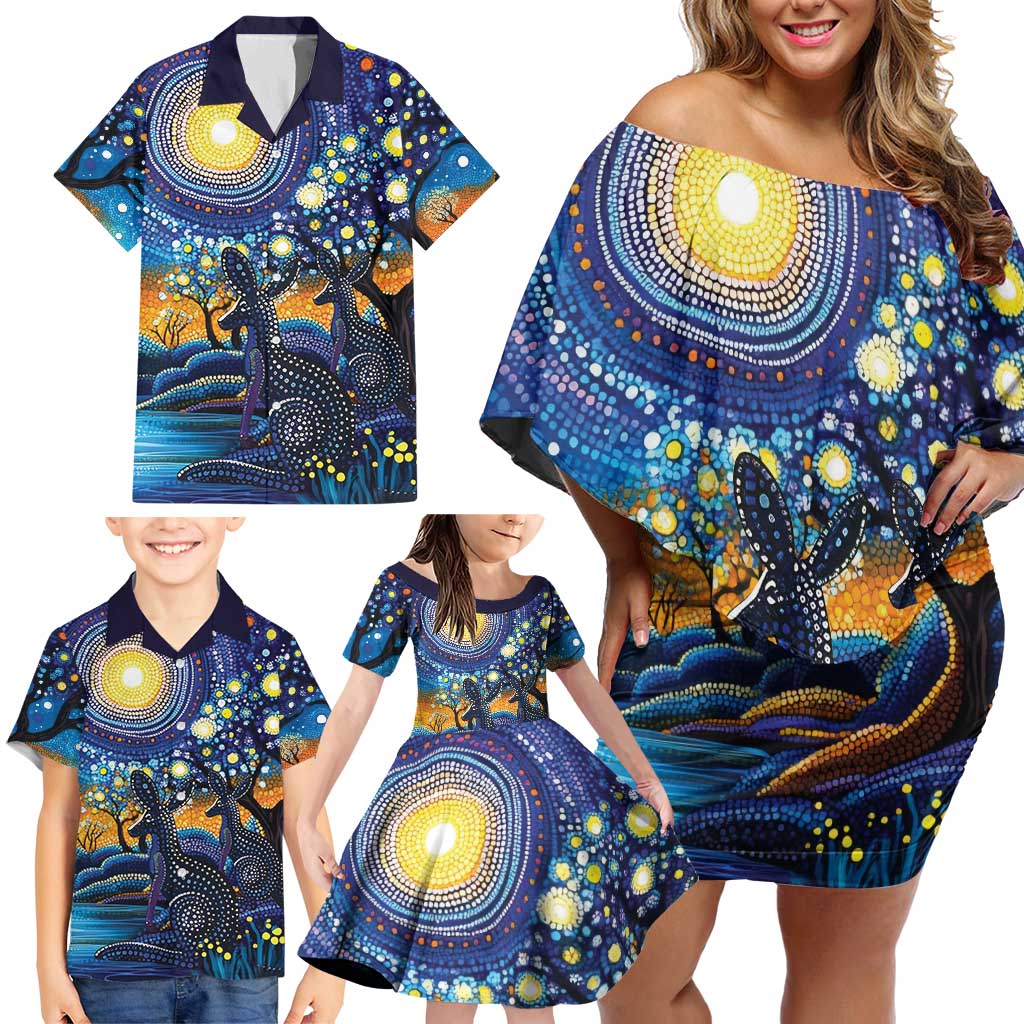 Australian Night Sky Landscape Family Matching Off Shoulder Short Dress and Hawaiian Shirt Aboriginal Dreamtime Story