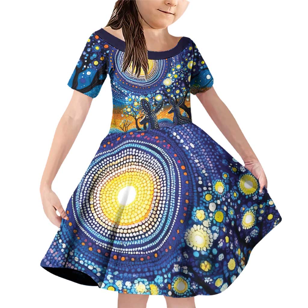 Australian Night Sky Landscape Family Matching Off Shoulder Short Dress and Hawaiian Shirt Aboriginal Dreamtime Story