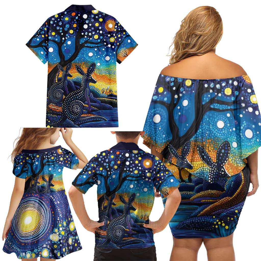 Australian Night Sky Landscape Family Matching Off Shoulder Short Dress and Hawaiian Shirt Aboriginal Dreamtime Story