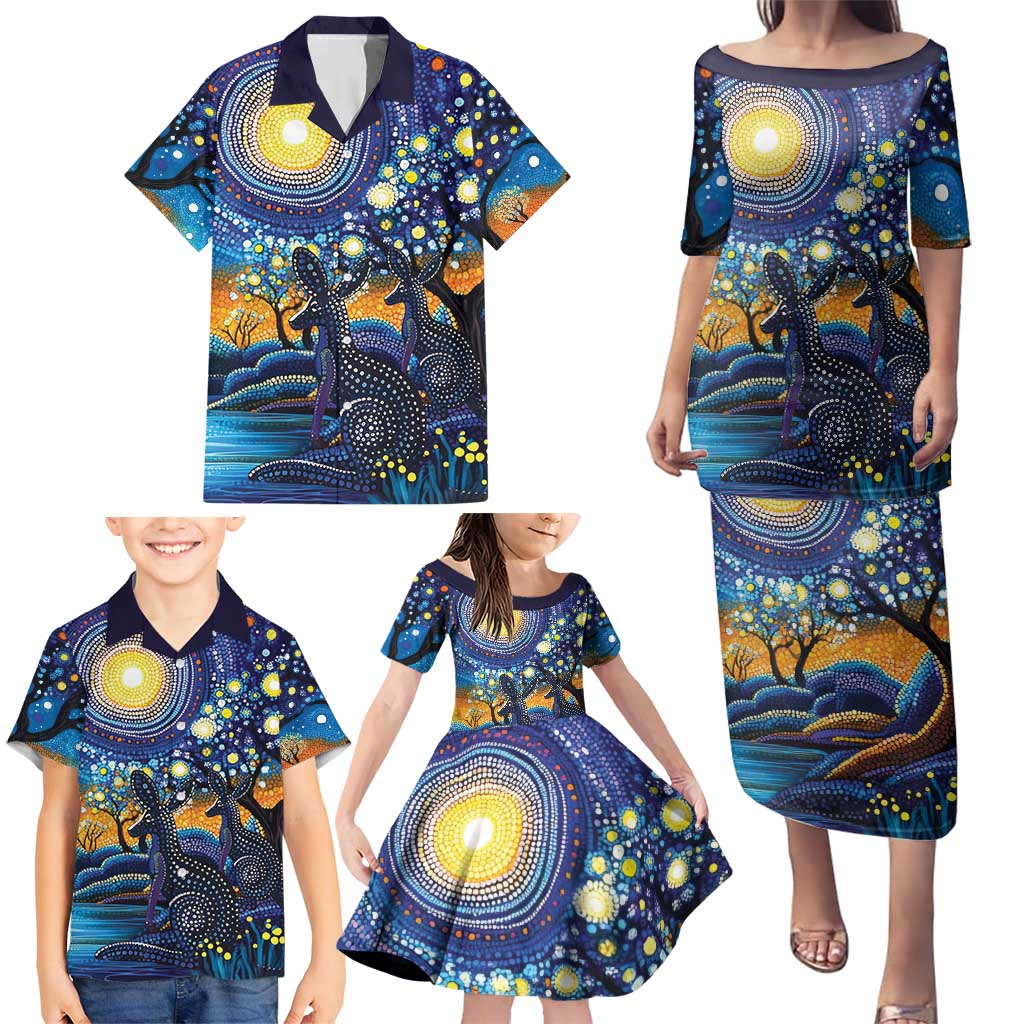 Australian Night Sky Landscape Family Matching Puletasi and Hawaiian Shirt Aboriginal Dreamtime Story