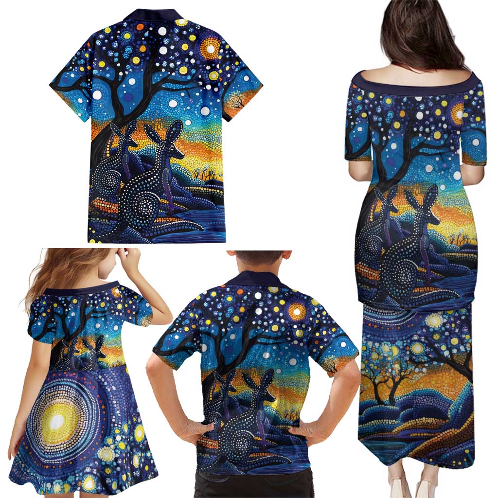 Australian Night Sky Landscape Family Matching Puletasi and Hawaiian Shirt Aboriginal Dreamtime Story