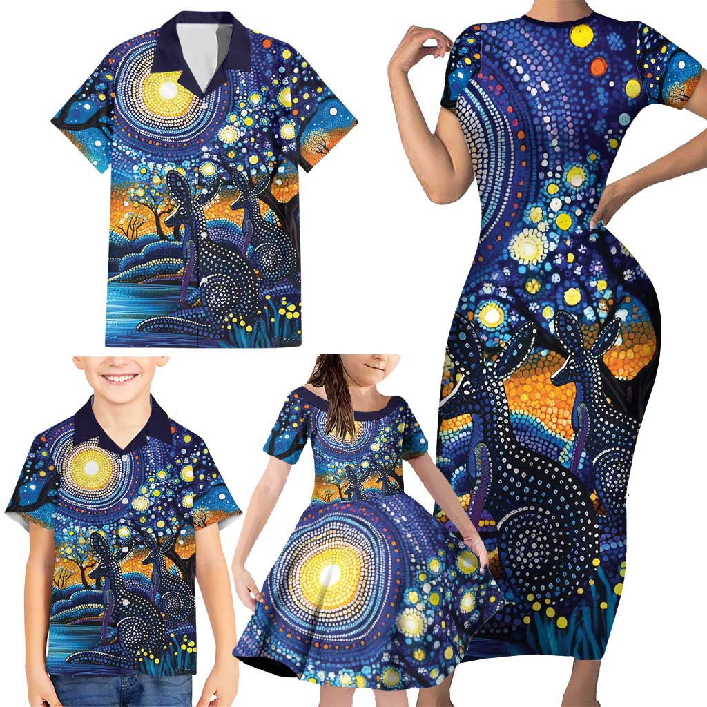 Australian Night Sky Landscape Family Matching Short Sleeve Bodycon Dress and Hawaiian Shirt Aboriginal Dreamtime Story