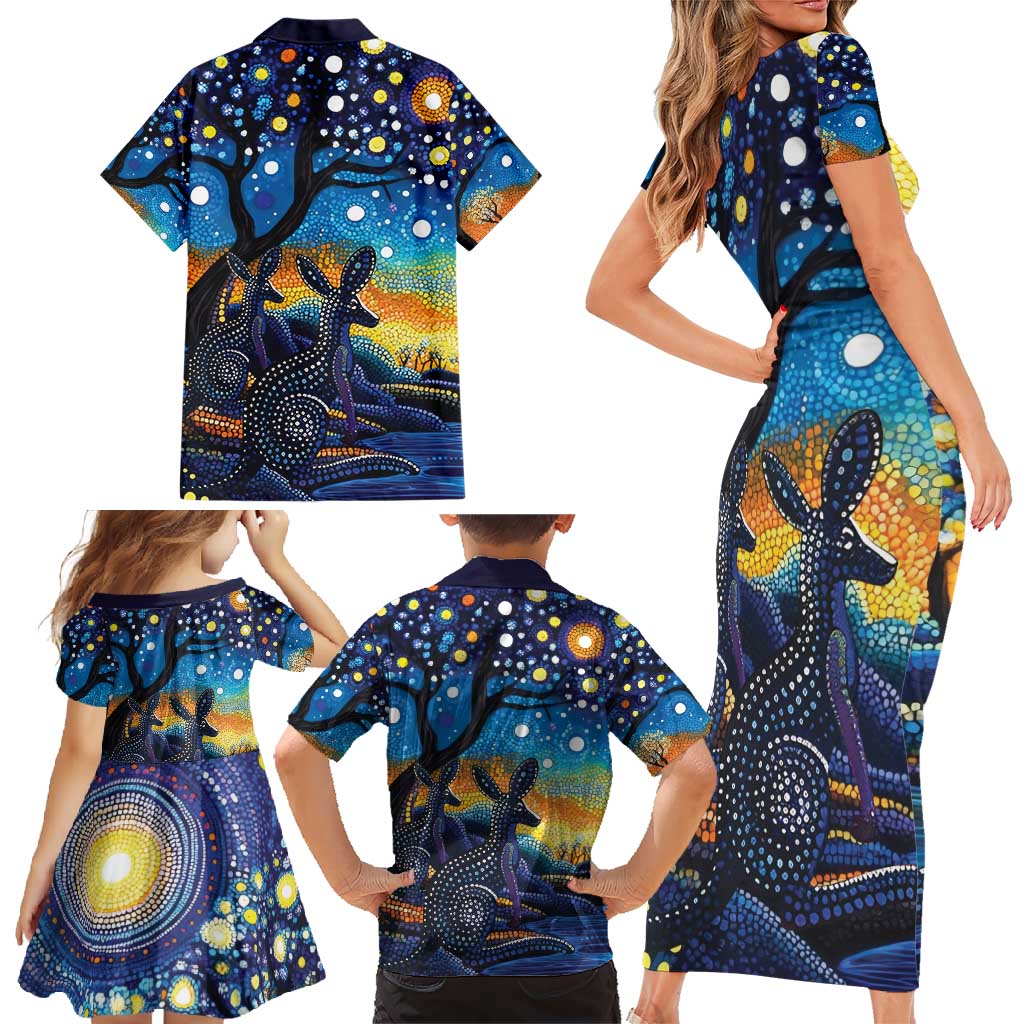 Australian Night Sky Landscape Family Matching Short Sleeve Bodycon Dress and Hawaiian Shirt Aboriginal Dreamtime Story