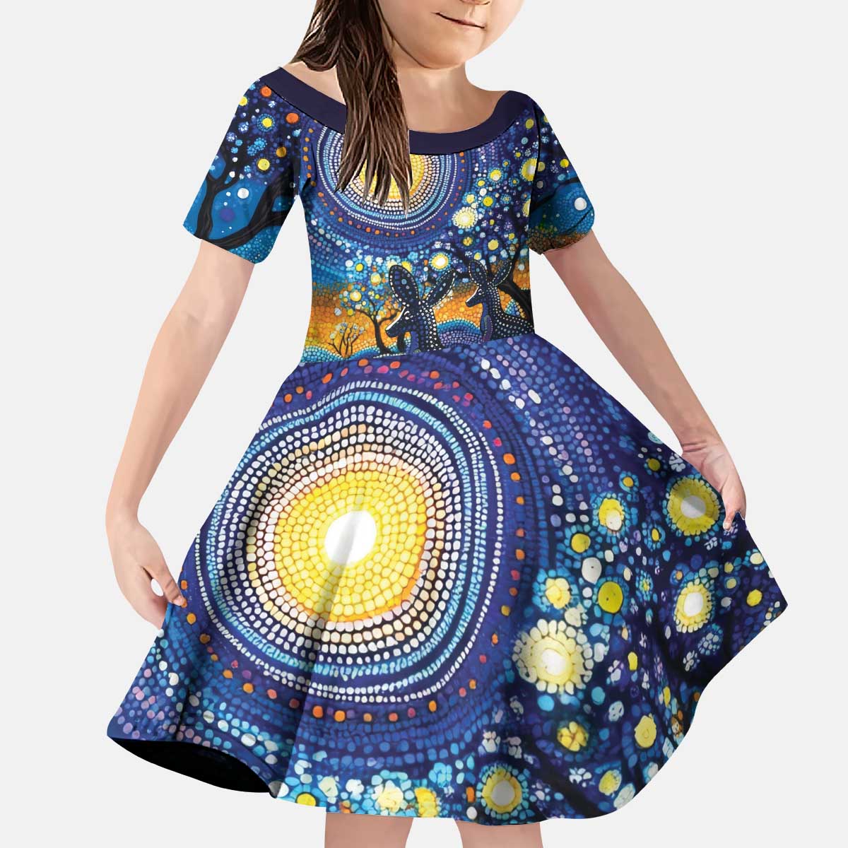 Australian Night Sky Landscape Kid Short Sleeve Dress Aboriginal Dreamtime Story - Vibe Hoodie Shop