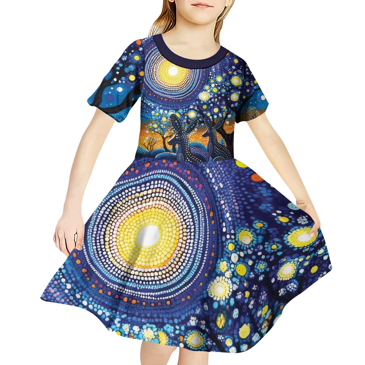 Australian Night Sky Landscape Kid Short Sleeve Dress Aboriginal Dreamtime Story - Vibe Hoodie Shop