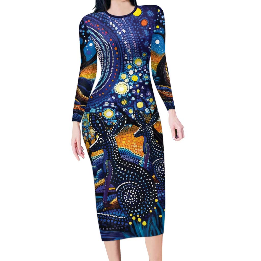 Australian Night Sky Landscape Long Sleeve Bodycon Dress Aboriginal Dreamtime Story