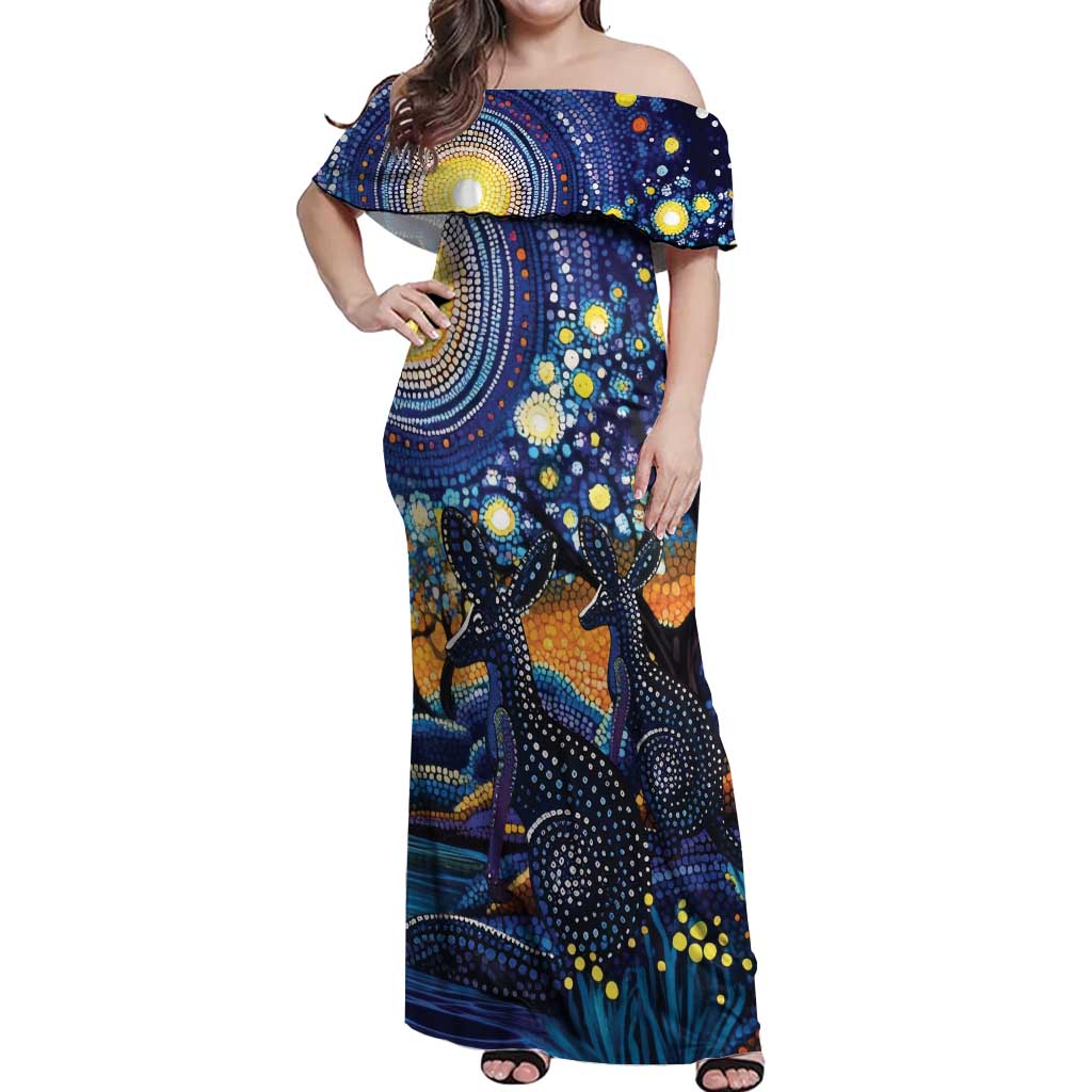 Australian Night Sky Landscape Off Shoulder Maxi Dress Aboriginal Dreamtime Story