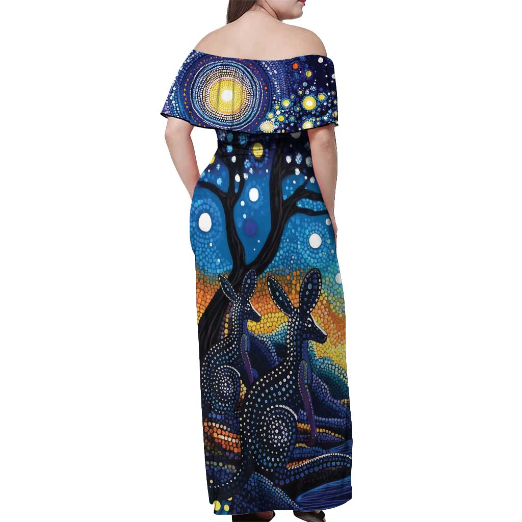 Australian Night Sky Landscape Off Shoulder Maxi Dress Aboriginal Dreamtime Story