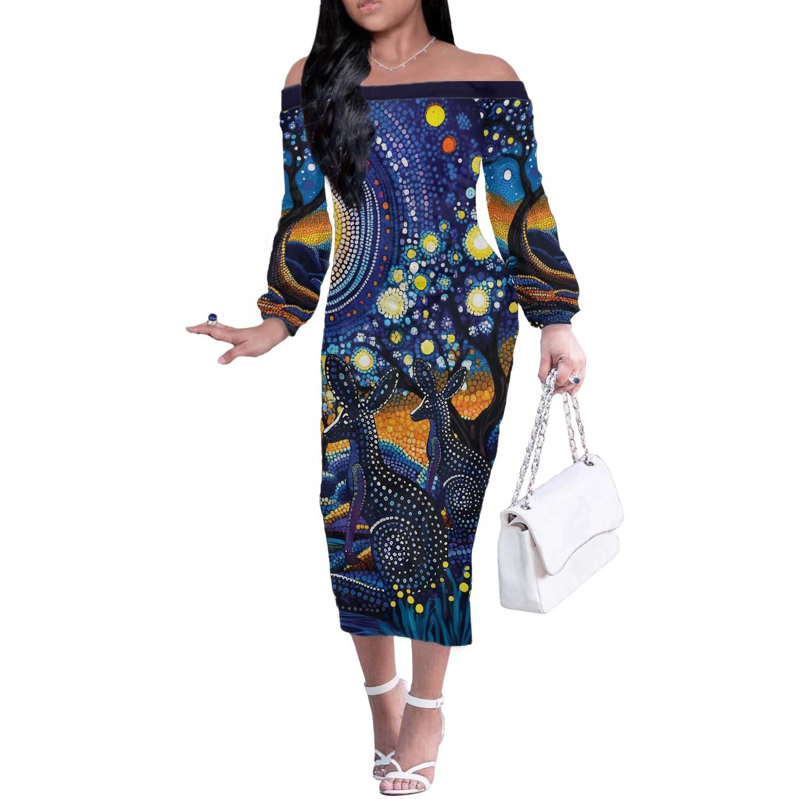 Australian Night Sky Landscape Off The Shoulder Long Sleeve Dress Aboriginal Dreamtime Story