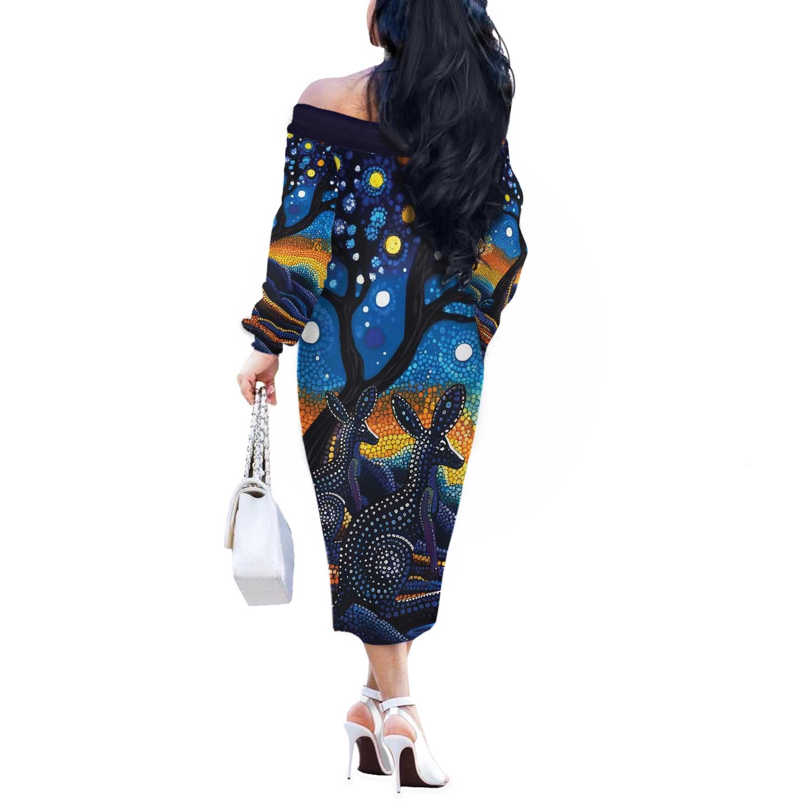 Australian Night Sky Landscape Off The Shoulder Long Sleeve Dress Aboriginal Dreamtime Story