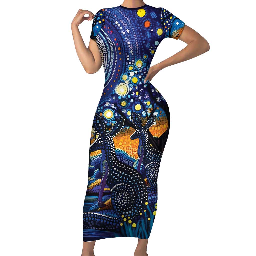 Australian Night Sky Landscape Short Sleeve Bodycon Dress Aboriginal Dreamtime Story