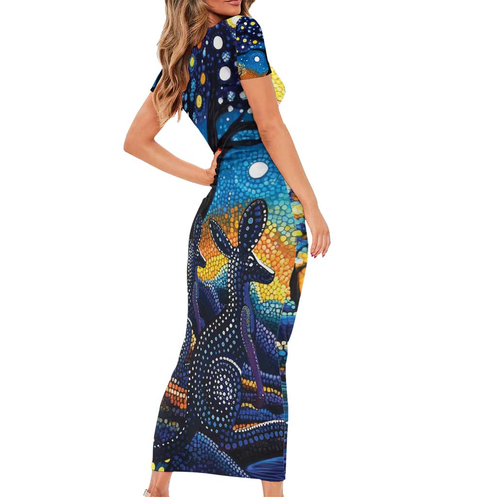 Australian Night Sky Landscape Short Sleeve Bodycon Dress Aboriginal Dreamtime Story