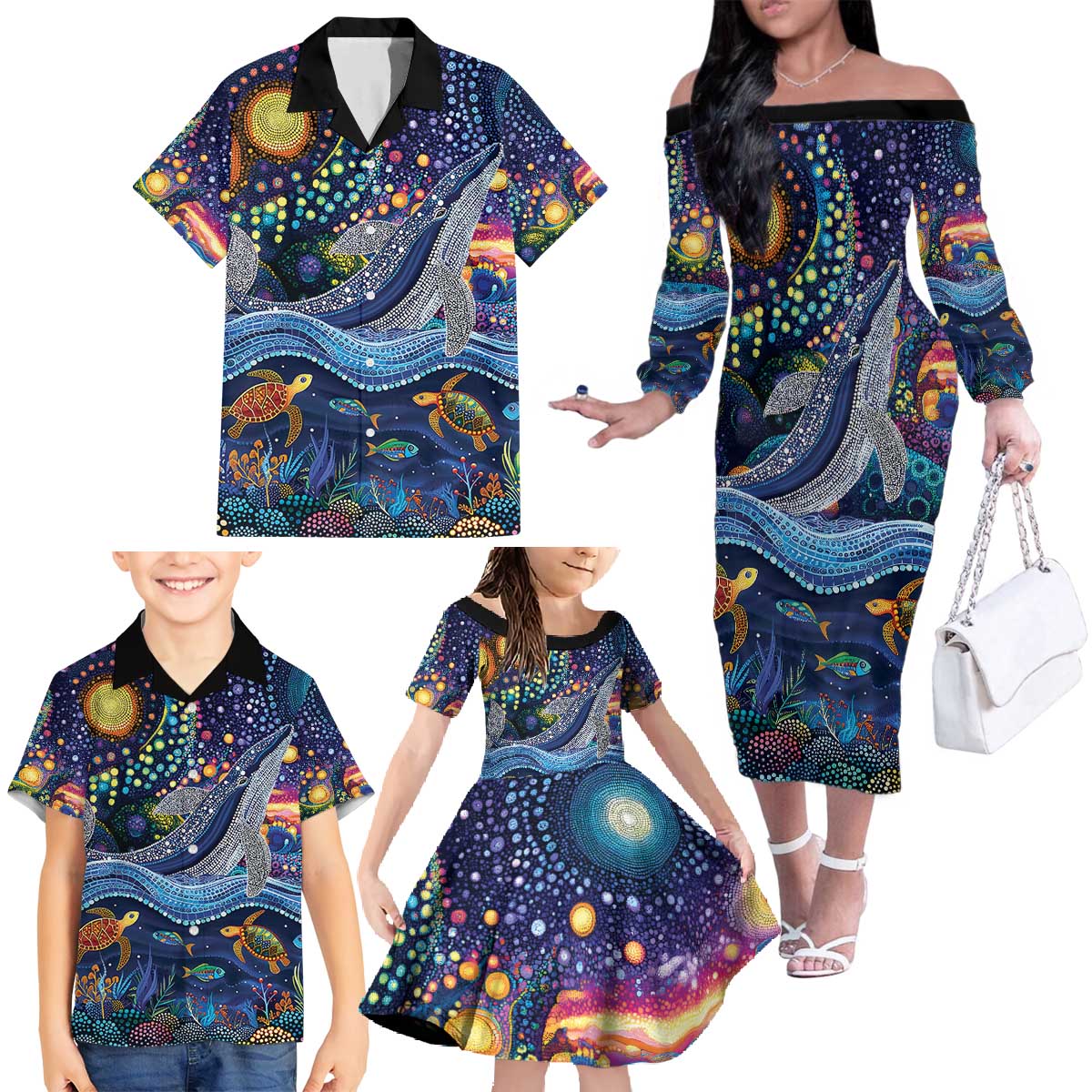 Heal Country Heal Our Nation Aboriginal Dreamtime Family Matching Off The Shoulder Long Sleeve Dress and Hawaiian Shirt