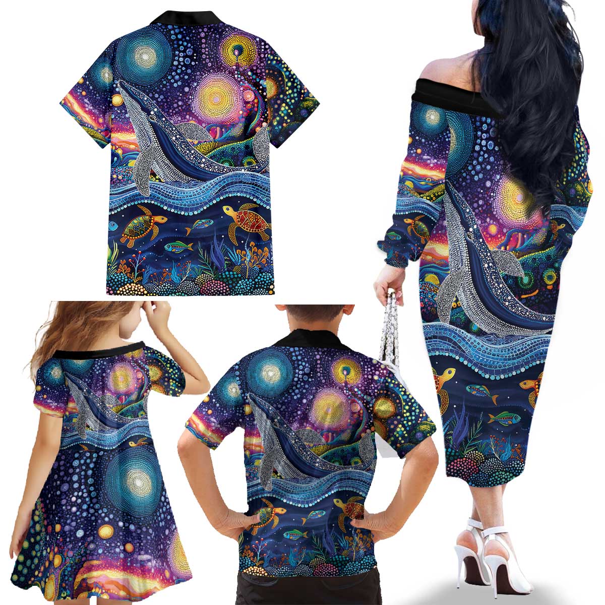 Heal Country Heal Our Nation Aboriginal Dreamtime Family Matching Off The Shoulder Long Sleeve Dress and Hawaiian Shirt