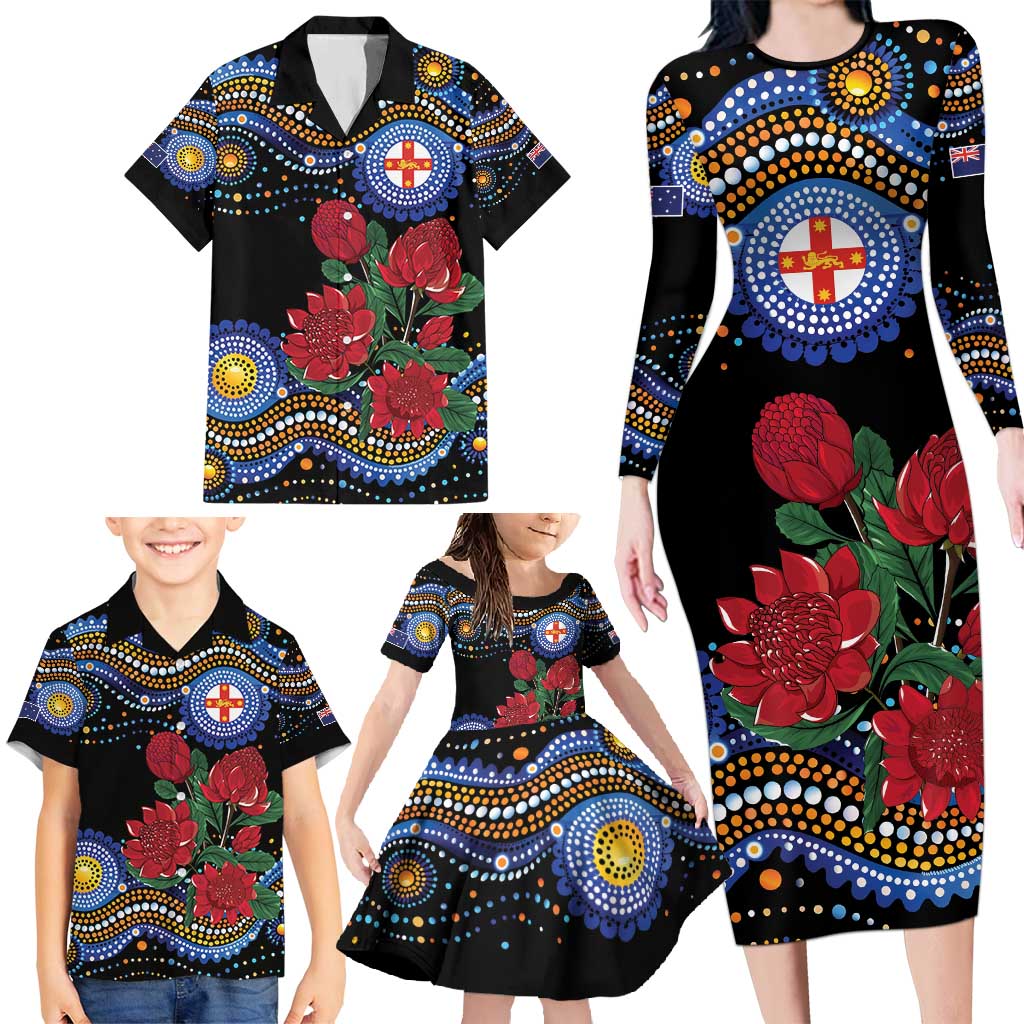 Australia New South Wales Waratahs Family Matching Long Sleeve Bodycon Dress and Hawaiian Shirt Aboriginal Dot Art