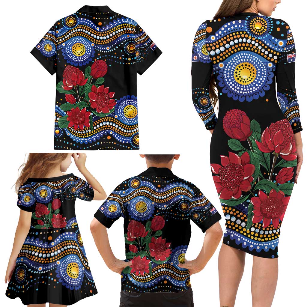 Australia New South Wales Waratahs Family Matching Long Sleeve Bodycon Dress and Hawaiian Shirt Aboriginal Dot Art