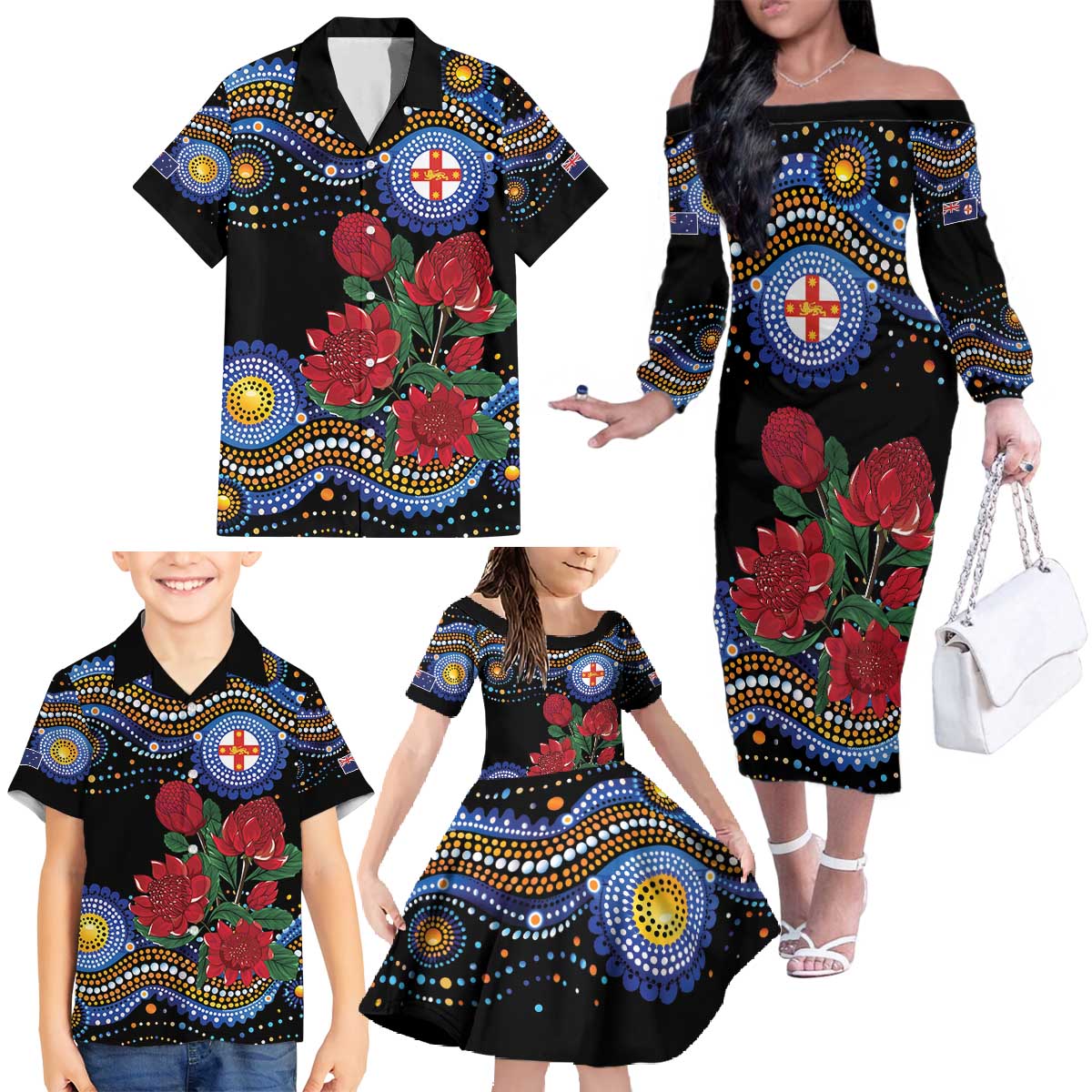 Australia New South Wales Waratahs Family Matching Off The Shoulder Long Sleeve Dress and Hawaiian Shirt Aboriginal Dot Art