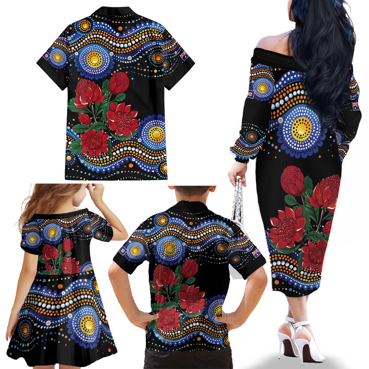 Australia New South Wales Waratahs Family Matching Off The Shoulder Long Sleeve Dress and Hawaiian Shirt Aboriginal Dot Art