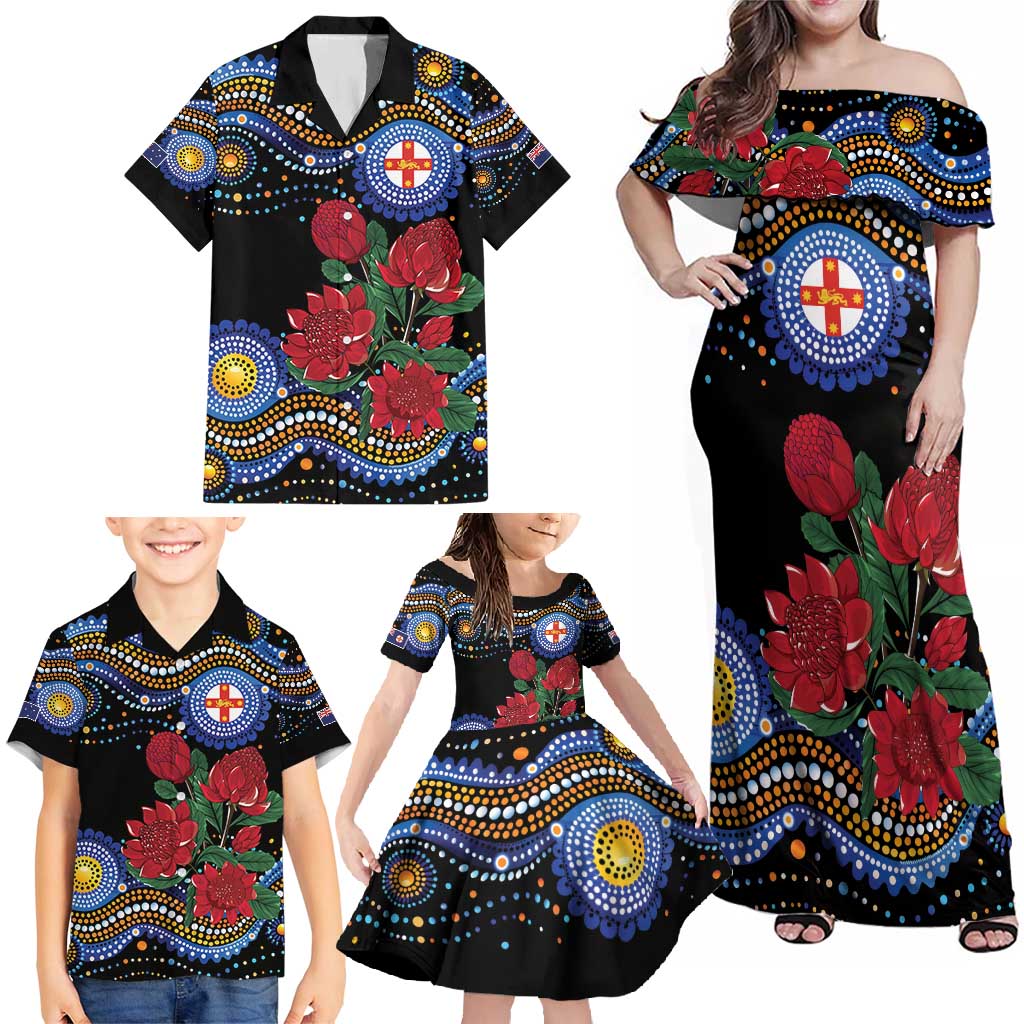 Australia New South Wales Waratahs Family Matching Off Shoulder Maxi Dress and Hawaiian Shirt Aboriginal Dot Art