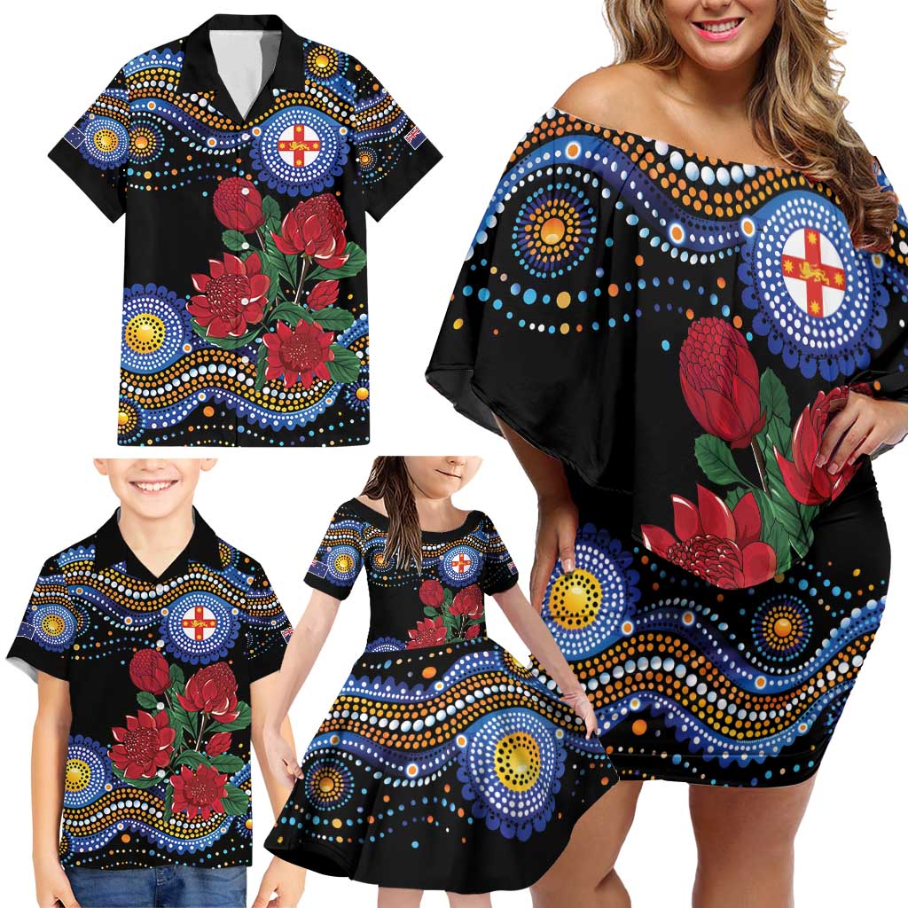 Australia New South Wales Waratahs Family Matching Off Shoulder Short Dress and Hawaiian Shirt Aboriginal Dot Art