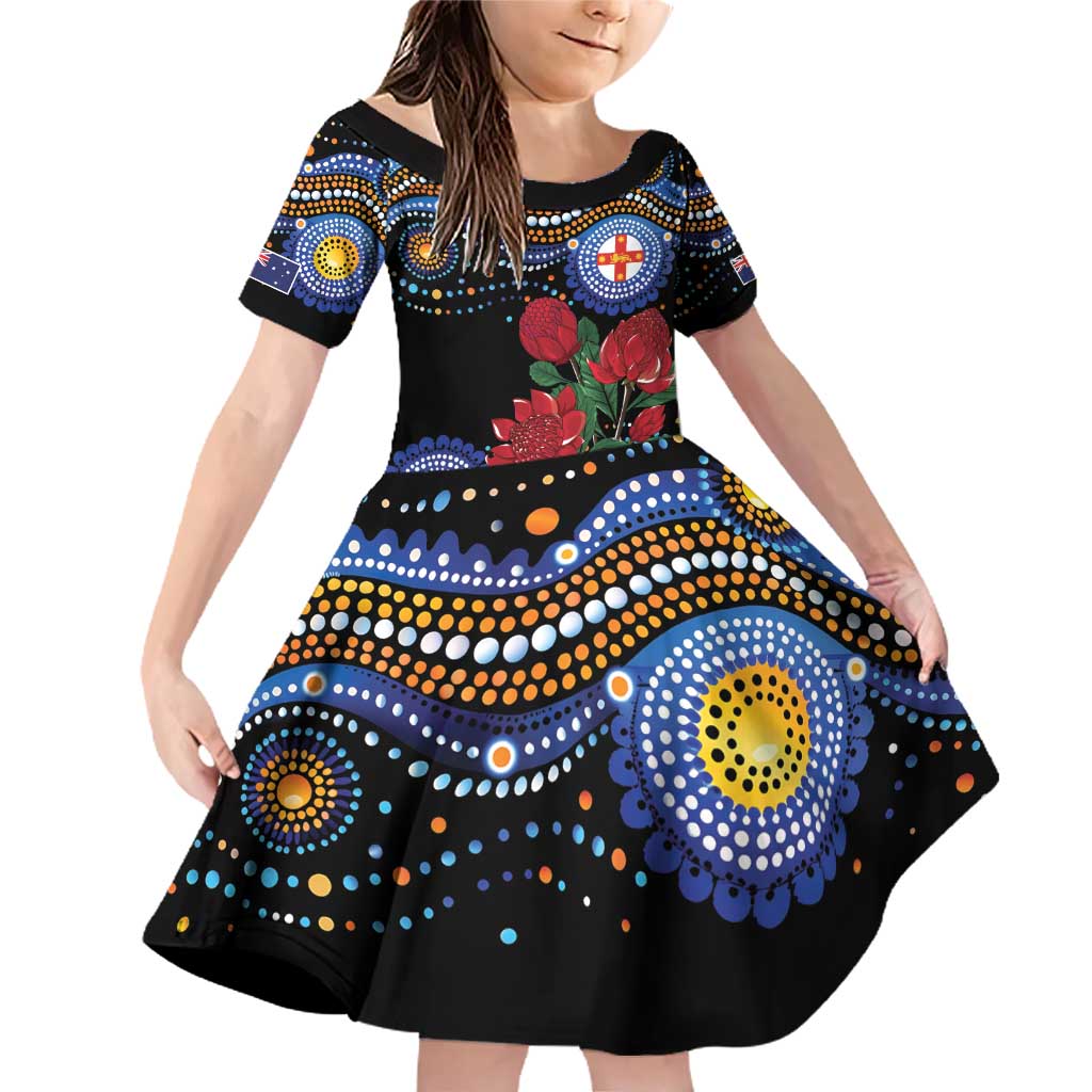 Australia New South Wales Waratahs Family Matching Off Shoulder Short Dress and Hawaiian Shirt Aboriginal Dot Art