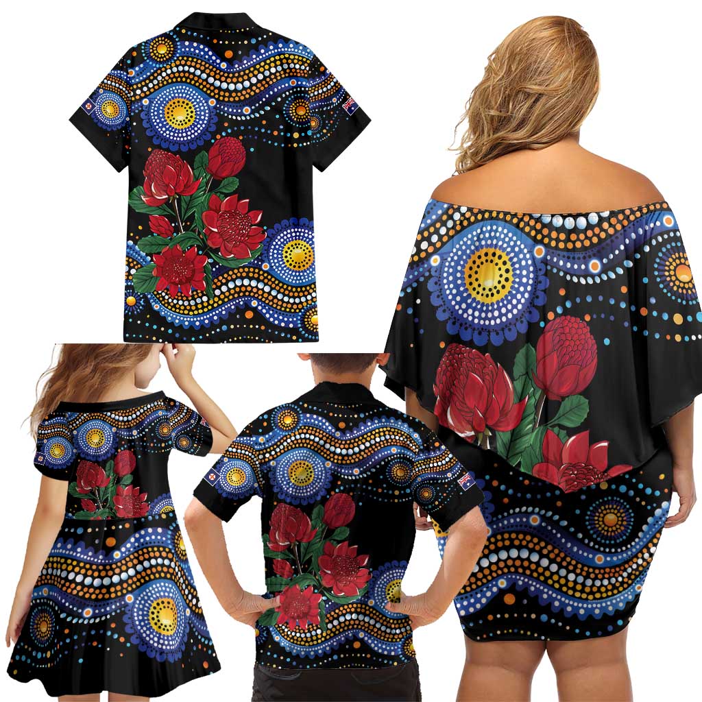 Australia New South Wales Waratahs Family Matching Off Shoulder Short Dress and Hawaiian Shirt Aboriginal Dot Art