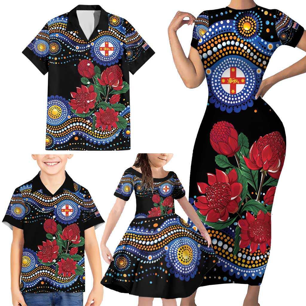 Australia New South Wales Waratahs Family Matching Short Sleeve Bodycon Dress and Hawaiian Shirt Aboriginal Dot Art