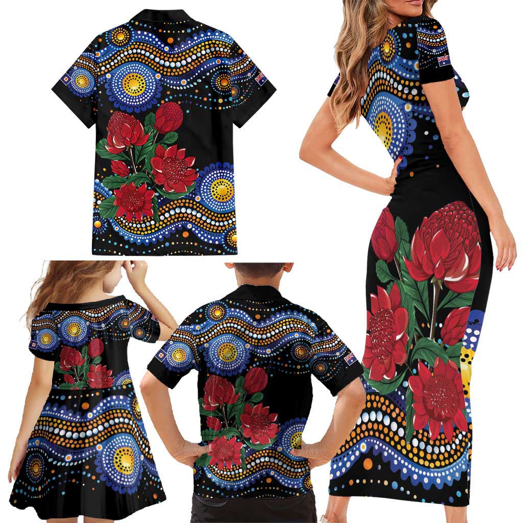 Australia New South Wales Waratahs Family Matching Short Sleeve Bodycon Dress and Hawaiian Shirt Aboriginal Dot Art