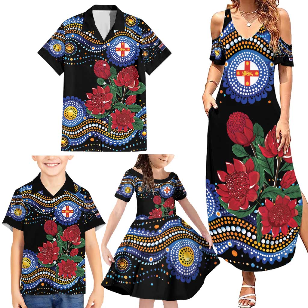 Australia New South Wales Waratahs Family Matching Summer Maxi Dress and Hawaiian Shirt Aboriginal Dot Art