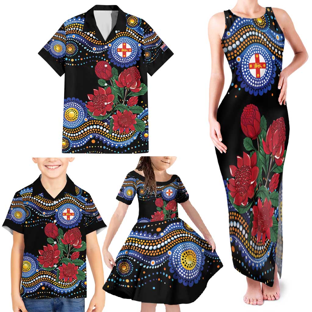 Australia New South Wales Waratahs Family Matching Tank Maxi Dress and Hawaiian Shirt Aboriginal Dot Art