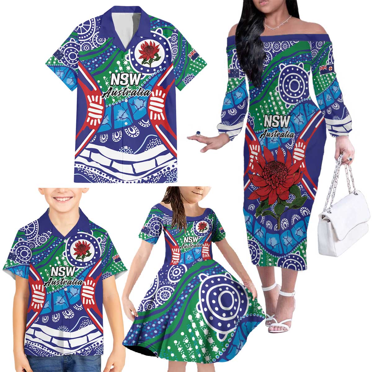 Australia New South Wales Family Matching Off The Shoulder Long Sleeve Dress and Hawaiian Shirt NSW Orta Recens Quam Pura Nites