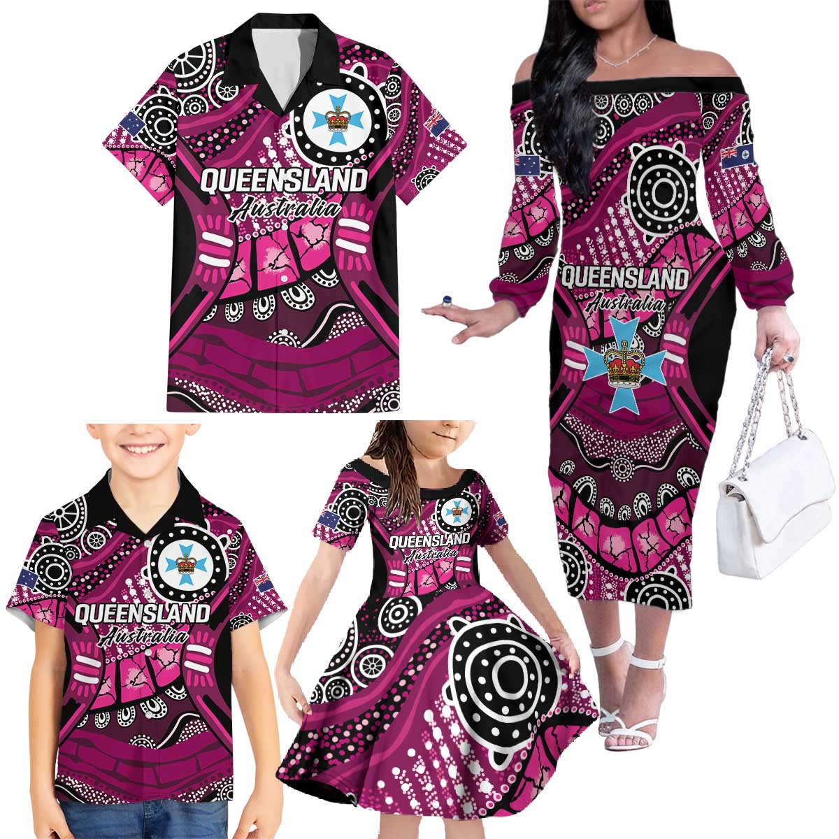 Australia Queensland Audax at Fidelis Family Matching Off The Shoulder Long Sleeve Dress and Hawaiian Shirt