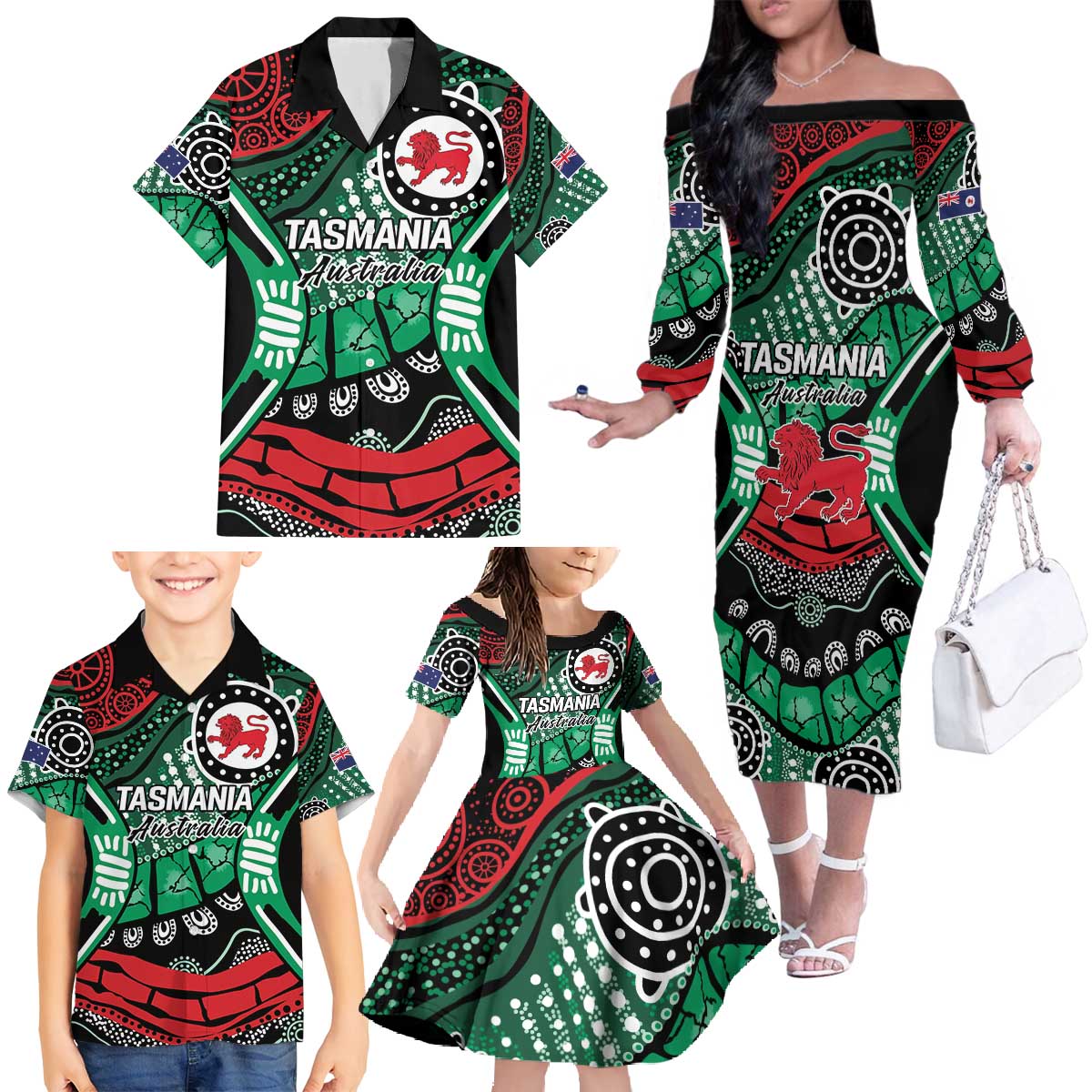 Australia Tasmania State Family Matching Off The Shoulder Long Sleeve Dress and Hawaiian Shirt Ubertas et Fidelitas