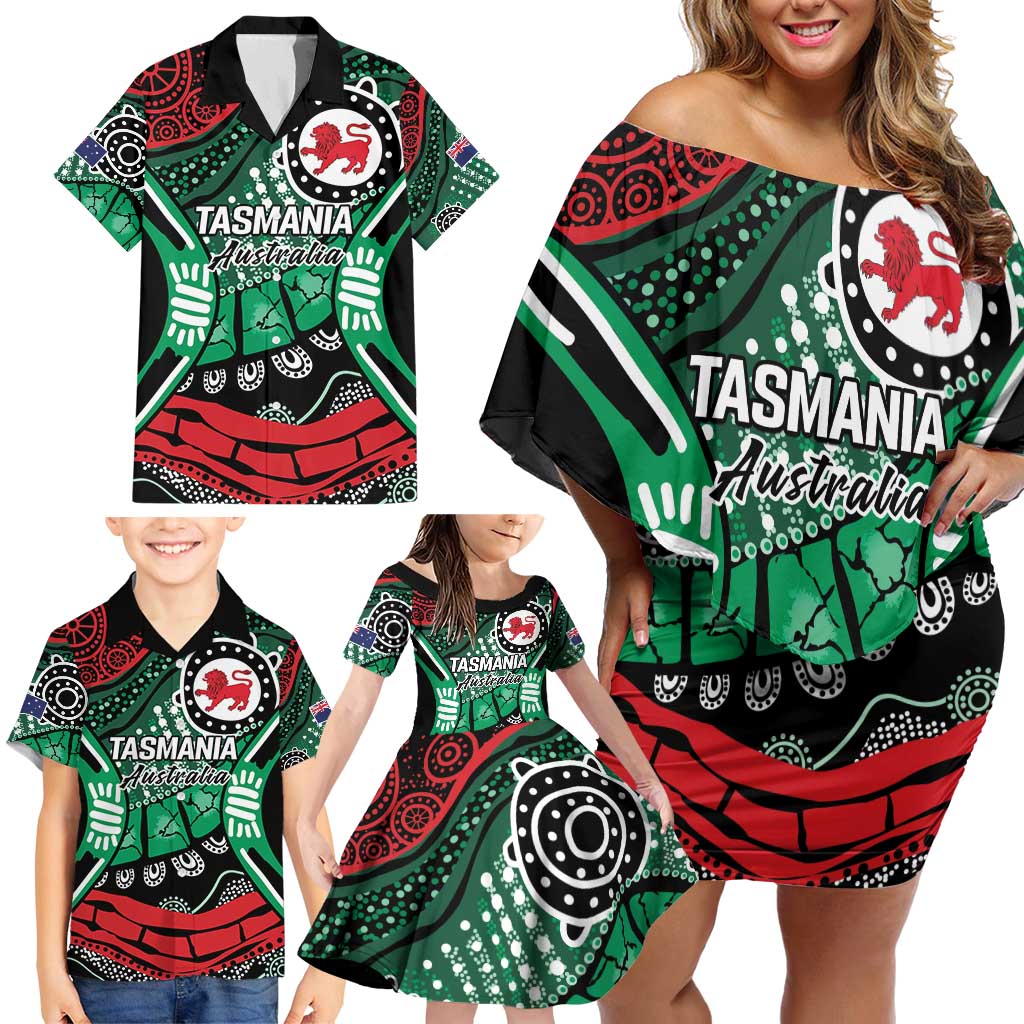 Australia Tasmania State Family Matching Off Shoulder Short Dress and Hawaiian Shirt Ubertas et Fidelitas