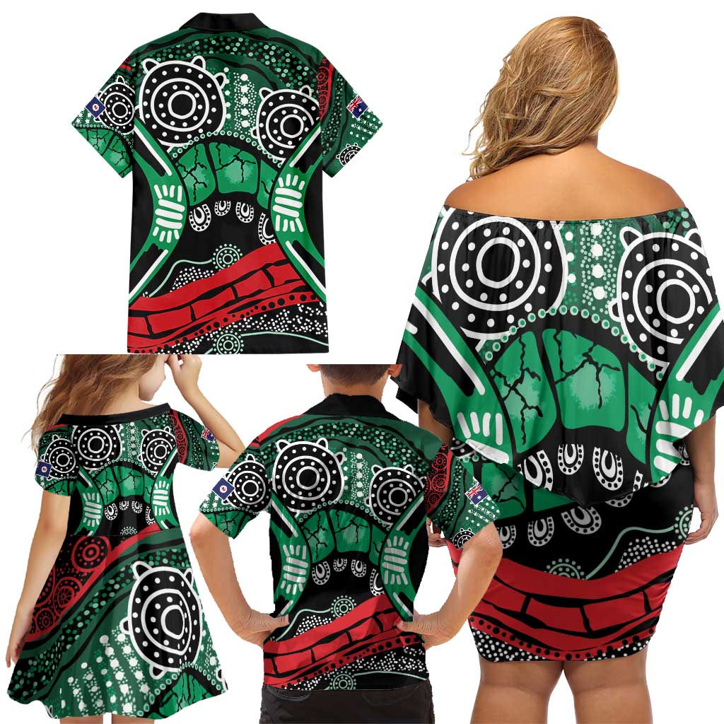 Australia Tasmania State Family Matching Off Shoulder Short Dress and Hawaiian Shirt Ubertas et Fidelitas