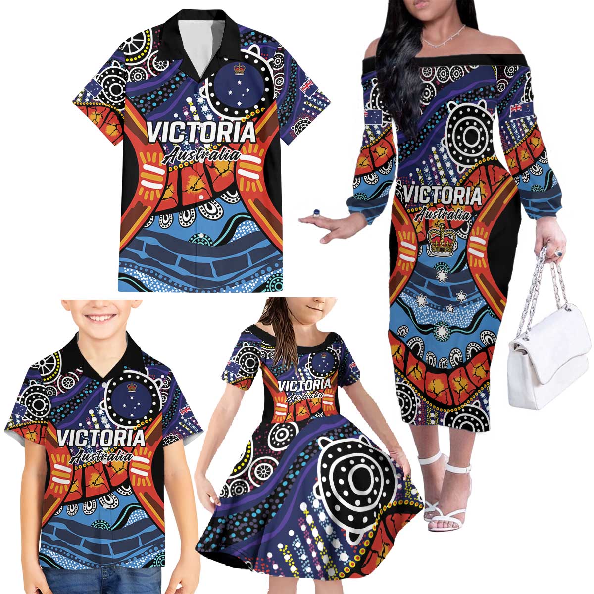 Australia Victoria State Family Matching Off The Shoulder Long Sleeve Dress and Hawaiian Shirt Peace and Prosperity