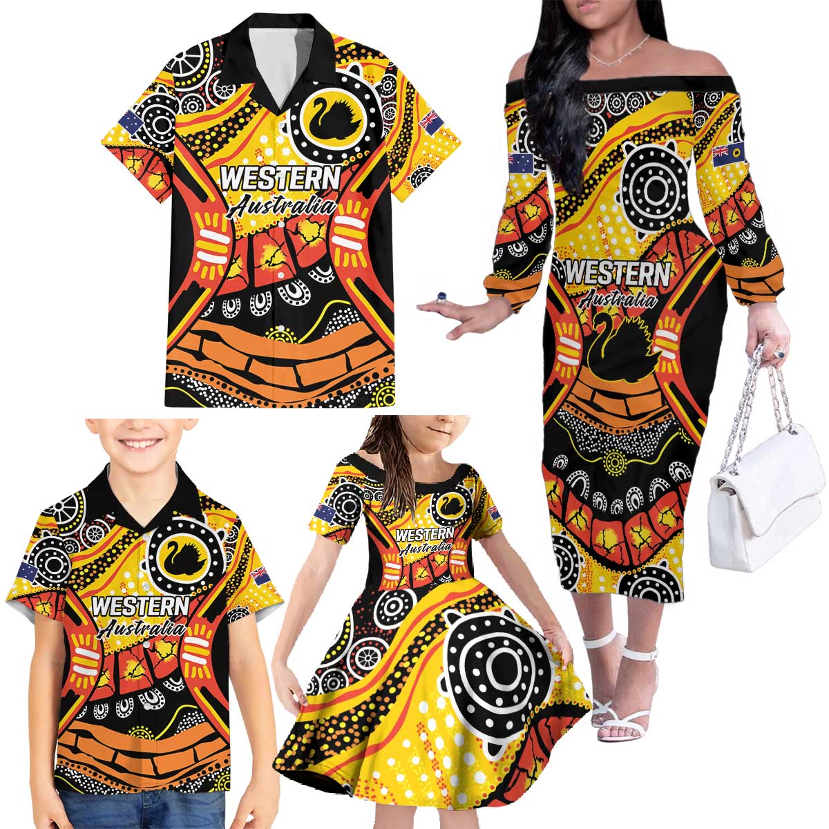 Western Australia Golden State Family Matching Off The Shoulder Long Sleeve Dress and Hawaiian Shirt