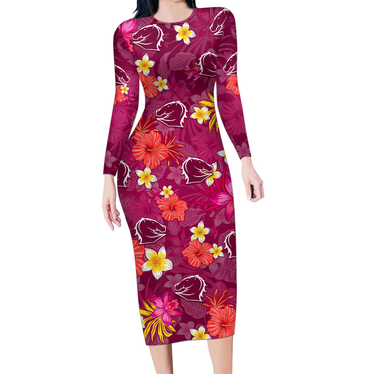 broncos-rugby-family-matching-long-sleeve-bodycon-dress-and-hawaiian-shirt-beautiful-floral-pattern-spring-summer-vibe