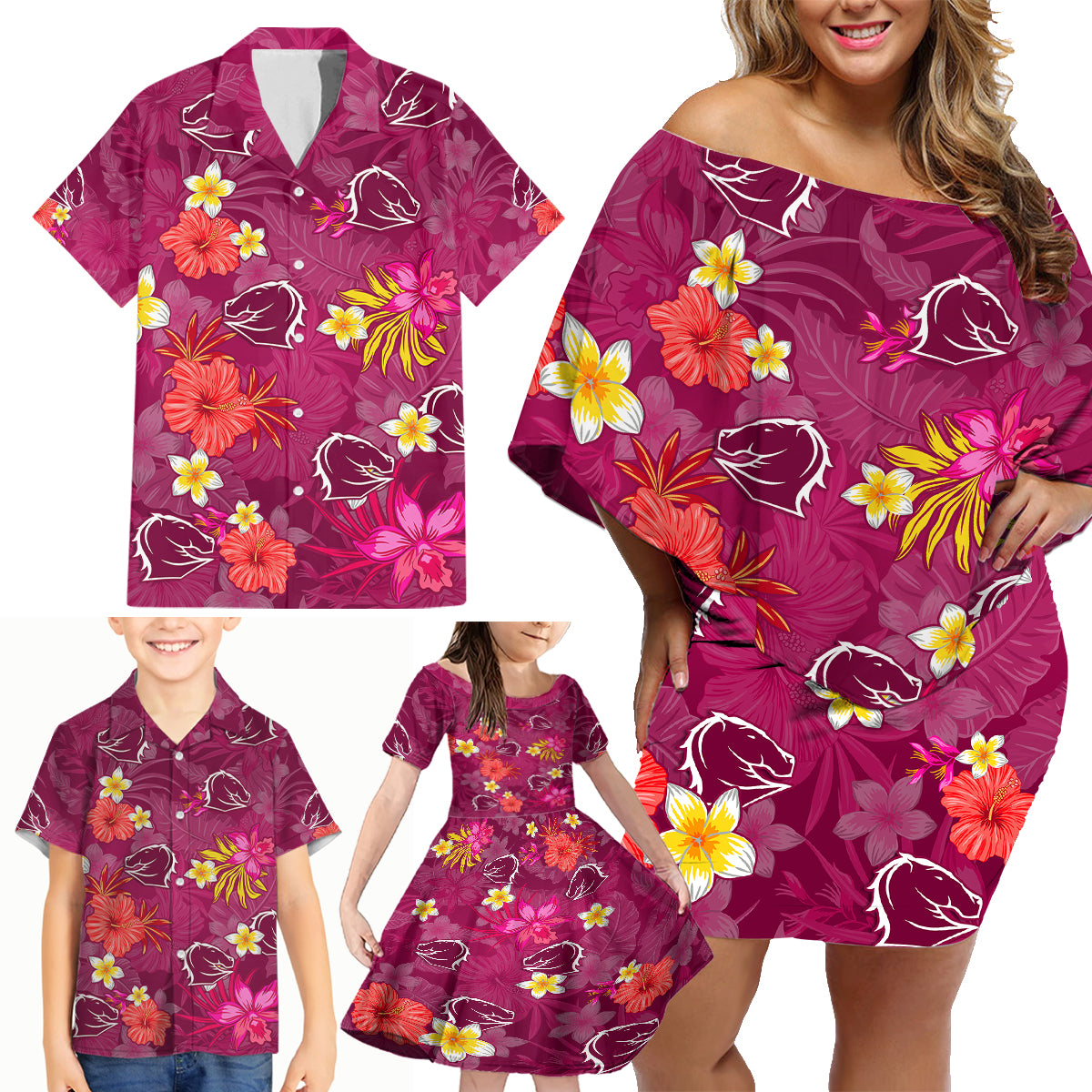 broncos-rugby-family-matching-off-shoulder-short-dress-and-hawaiian-shirt-beautiful-floral-pattern-spring-summer-vibe