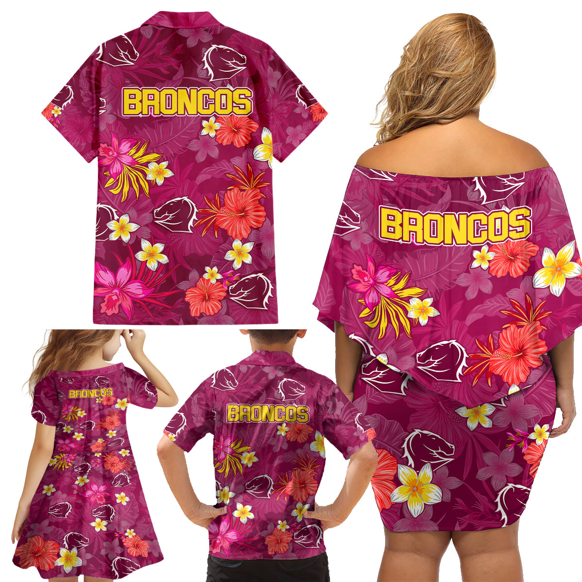 broncos-rugby-family-matching-off-shoulder-short-dress-and-hawaiian-shirt-beautiful-floral-pattern-spring-summer-vibe