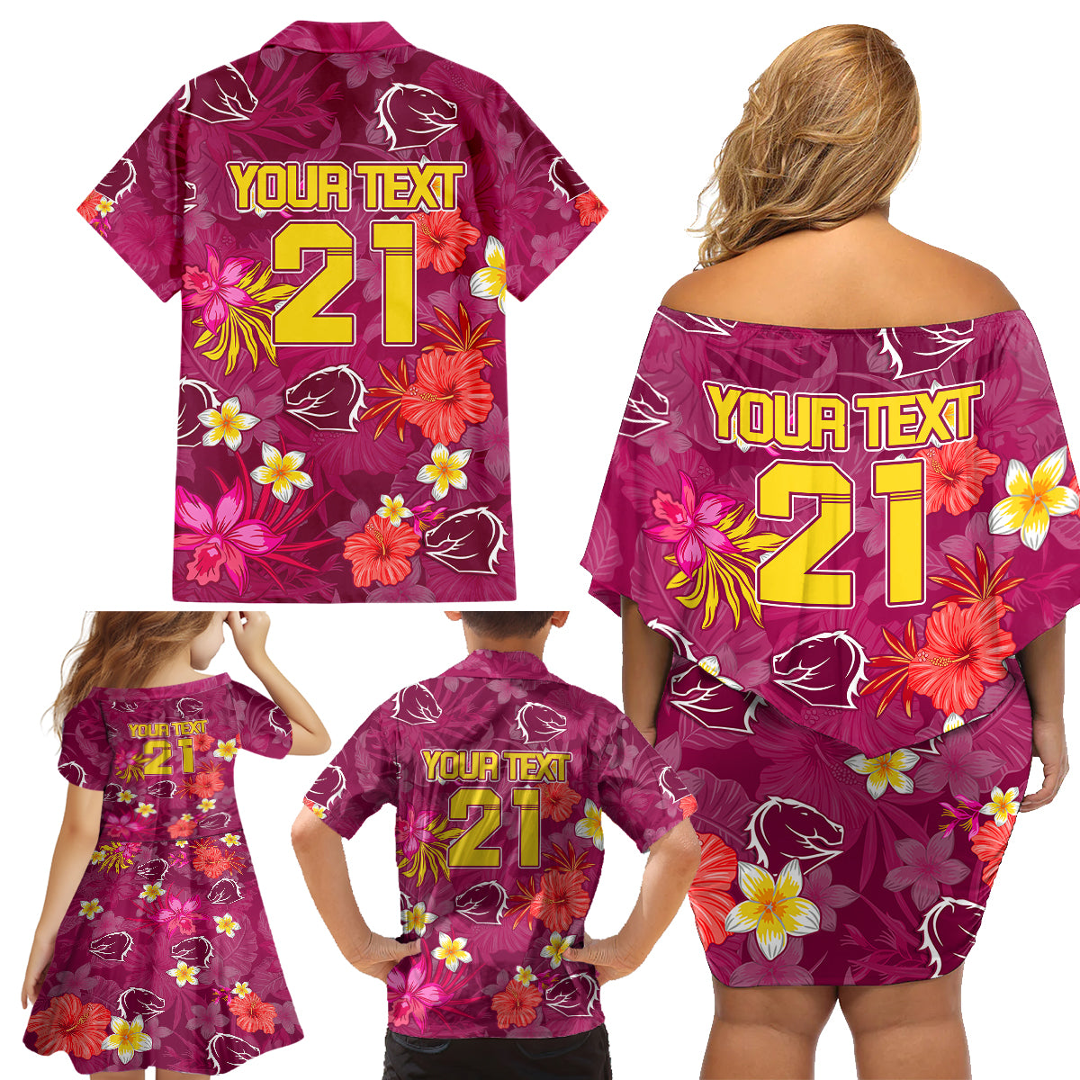 custom-broncos-rugby-family-matching-off-shoulder-short-dress-and-hawaiian-shirt-beautiful-floral-pattern-spring-summer-vibe